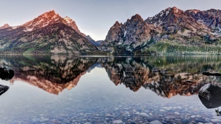 mountain reflection in a beautiful clear lake - reflections, clear, lake, mountains, stones, rocks