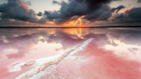 wonderful sunset on a pink salt lake - clouds, sunset, lake, salt, pink