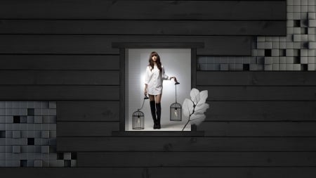 A girl in the wooden wall - wood, beautiful, pattern, actress, black, grey, texture, wall, korean, tile