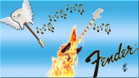 Fender Bass Guitar Odd Concept - blue, bass, angel, flame, music, guitar, fender, fire, guitars, wings, notes