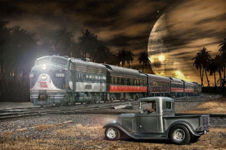 train & cool truck - trains, railroad, cool, truck