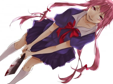 I will protect you~ - blood, anime, female, twintails, white background, girl, gasai yuno, manga, mirai nikki, weapon, axe, pink hair