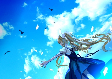 ~I'll Take To The Sky~ - sky, air, feathers, clouds, anime, uniform, misuzu kamio, blonde