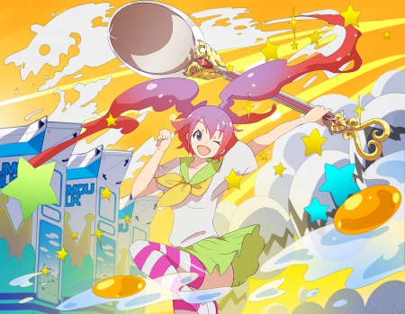 Never Fear, Breakfast Is Here!! - purple eyes, wink, pink hair, giant spoon, anime, girl, eggs, milk