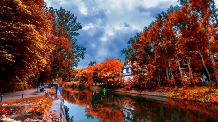 wonderful city canal in autumn - benches, autumn, trees, city, canal