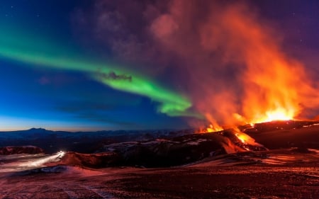 aurora borealis over volcanic lava flow - lava, volcano, fire, night, northen lights