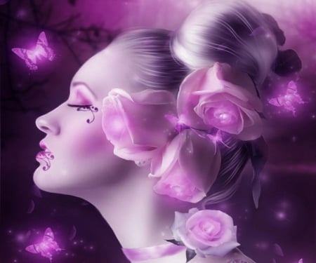 âœ«Softness Roses Yuliaâœ« - girls, women, photomanipulation, female, roses, people, model, creative pre-made, pretty, cool, digital art, softness beauty, yulia, flowers in their hair, scent, butterflies designs, butterflies, pink roses, beautiful girls, lovely, charm, love four seasons, weird things people wear, pink, backgrounds, beautiful, sweet, colors, flower