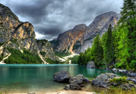 Emerald lake - quiet, amazing, tranquil, reflection, mountain, calmness, shore, gorgeous, cliffs, lake, nice, place, clouds, greenery, trees, beautiful, lovely, peaks, stones, HDR, Italy, serenity, rocks