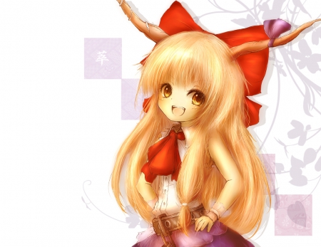 Ibuki Suika - nice, female, blond, simple, anime girl, ibuki suika, touhou, blond hair, pretty, blonde hair, anime, cute, yellow eyes, girl, chibi, long hair, ibuki, lovely, hd, abstract, kawaii, horn, suika, plain, sweet, blonde