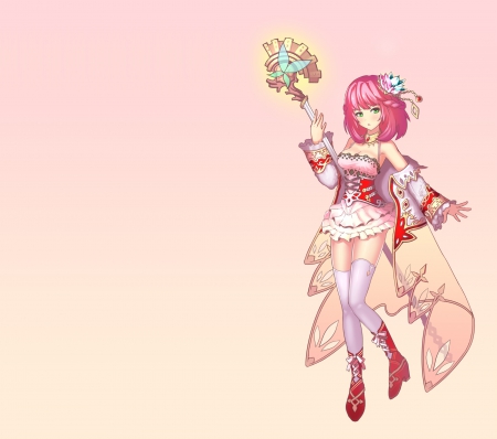 Pink Magician - wand, anime, female, warrior, dress, rod, armor, short hair, plain, hd, weapon, pink hair, gown, anime girl, serious, hot, staff, girl, simple, sinister, cute, sexy