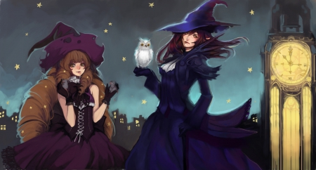 Witches - owl, stars, Anime, mice, Witches, clock tower