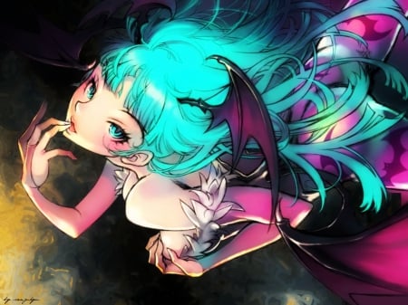 Morrigan - anime, blue, beautiful, beauty, succubus, purple, woman, cute, art, demon