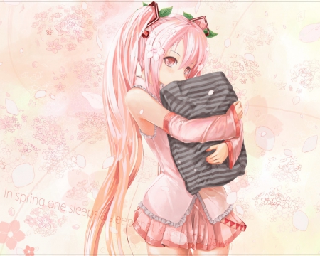 ï½¡Sakuraâ€ Mikuâœ¿ ï½¡ - blush, miku, illow, hair pin, textures, sakura miku, pink hair, pink eyes, pink background, texting, quote, vocaloid, anime, hugging, cherries, long hair, petals, skirt, leafs, hug