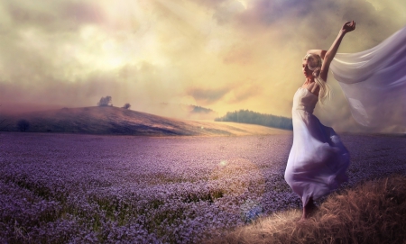 Sea of Lavender - woman, girl, people, serene, lavender field, wallpaper, fantasy, art, beautiful, digital