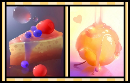 Apofiss art (collage) - collage, water, apofiss, fantasy, black, thank you, juice, art, yellow, orange, food, apple, cehenot, berry, summer, fruit, pie, bubble, cake, red, blue, pink, sweet, dessert