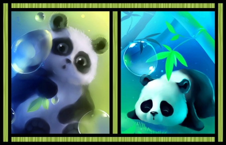 Apofiss art (collage) - cehenot, collage, bear, apofiss, water, leaf, black, fantasy, bubble, white, art, blue, green, panda, bamboo, cute