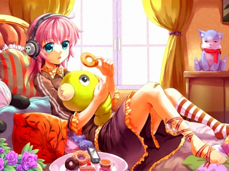 Cute anime - anime, stuff toys, food, girl, cute, room