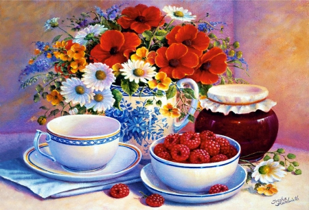 Still Life - jam, tableware, flowers, table, fruits