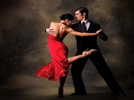 Seductive tango - woman, red dress, dance, man, tango