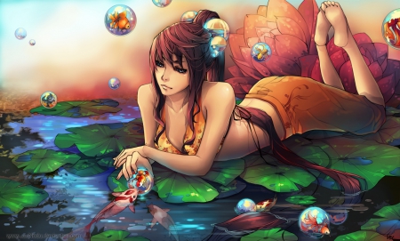 GOLDFISH GIRL - girl, kio, daydream, goldfish, pond