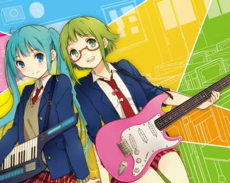 ~Hatsune & Gumi~ - hatsune miku, instruments, glasses, colorful, blue hair, vocaloid, anime, gumi, friends, green hair