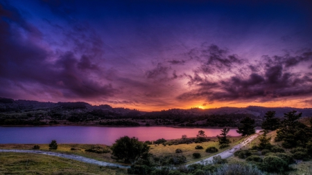 footpath along a river at a gorgeous sunset - clouds, river, sunset, shore, path