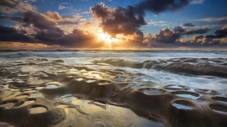 fantastic pools in a rocky seashore - sundown, clouds, shore, sea, pool, rocks