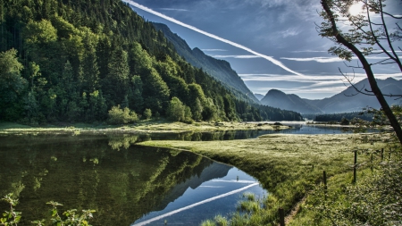 contrails above a beautiful river valley - valley, forest, river, clouds, contrails, mountains