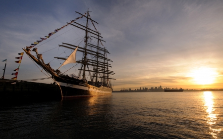 *** Ship and sunset *** - ship, sunset, sea, ocean, nature