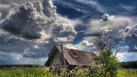 gorgeous sky over abandoned hut - clouds, abandined, grass, hut, sky