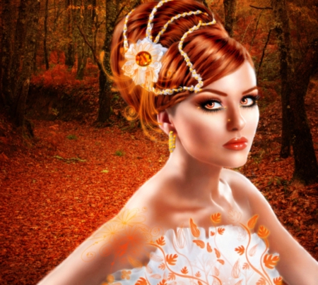 âœ«Challenge Orange Autumnâœ« - photomanipulation, autumn, lips, female, people, hair, eyes, arabian model, creative pre-made, model, digital art, softness beauty, orange, flowers in their hair, beautiful girls, love four seasons, weird things people wear, fall seasons, backgrounds, flowers, colors, words