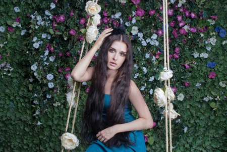 Anett Frozen - garden, lady, model, flowers, swing