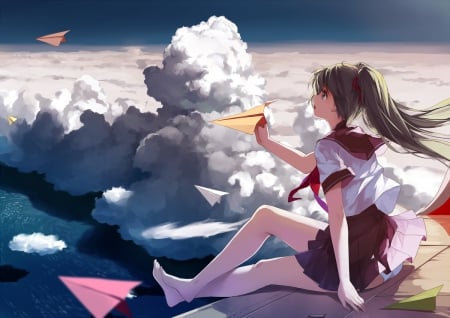 Soaring Through The Sky - hatsune miku, sky, skirt, clouds, vocaloid, paper airplanes, anime, barefoot