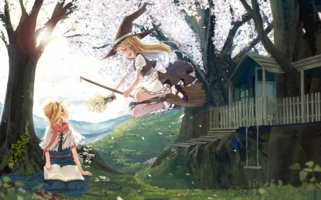 Flowers For Alice!! - trees, anime, broom, cherry blossoms, book, flowers, witch, fantasy, touhou, friends, kirisame marisa, alice margatroid