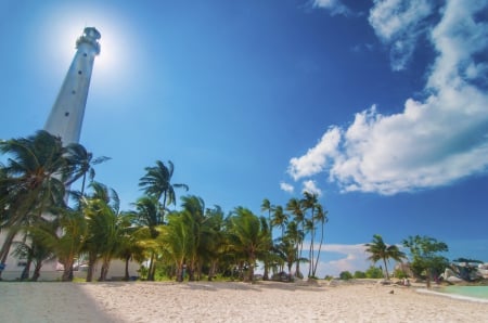 Lighthouse at Beach - palms, summer, sea, Indonesia, sun