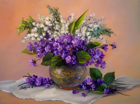 Still life - nice, elegance, fragrance, delicate, bouquet, still life, spring, painting, art, pretty, petals, lily of the valley, scent, harmony, tender, lovely, vase, beautiful, leaves, violets