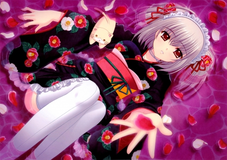 Flower Petals - pretty, anime, female, lying, pink, long hair, oriental, ribbon, nice, anime girl, water, hot, girl, kimono, lovely, sweet, flower, petals, yukata, cute, floral, sexy