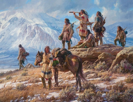 Native Americans - people, mountains, desert, watching, rocks