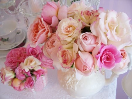 pink rose tea - flowers, tea, still life, pink roses