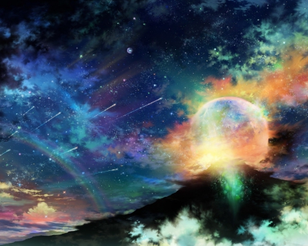 Space - clouds, moon, anime, cool, stars, mountain, space, ranibow, galaxie, amazing view, mix, sky