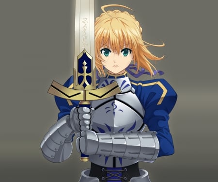 Saber - excalibur, sword, cute, blond hair, plain, beautiful, blonde, hot, anime girl, girl, ribbon, blond, blonde hair, blade, armor, serious, simple, beauty, green eyes, fate stay night, anime, sinister, hd, mad, dress, knight, warrior, long hair, angry, sexy, female, saber