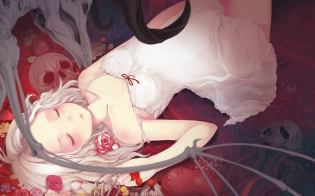 Sleeping beauty - skull, girl, rose, grey, pink, sleeping beauty, red, animal, anime, bat, dress, manga, flower