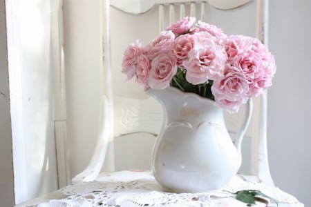 lovely still life - flowers, pitcher, still life, pink roses