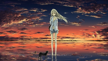 Walking on Water - clouds, walking on  water, anime, water, windy, blonde hair, cool, holding a bag, bag, reflaction, cat, wind, unifrom, sunset, sky