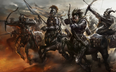 Centaurs - centaurs, orange, man, horse, dark, monster, black, battle, fantasy, fight, art, army