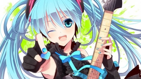 Hatsune Miku ღ - anime, vocaloid, nail pulish, dress, wink, hatsune miku, cool, long hair, music, guitar, miku, blue hair, cute, blue eyes