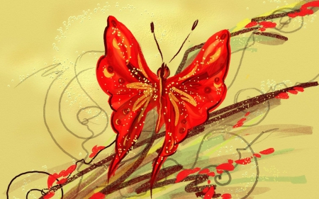 Red butterfly - butterfly, art, yellow, red, wings, fantasy