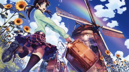 On a Trip~ - rainbow, skirt, sky, sunflowers, suite case, shirt, joy, wind hill, on a trip, black hair, clouds, anime, cute, happy