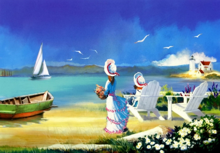 Enjoying the breeze - sky, beach, water, enjoy, chairs, pleasant, wind, coast, painting, art, walk, castle, relax, birds, boat, lake, summer, shore, young, breeze, girld, flowers, sailboat, sea