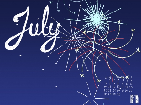 July Fireworks - july, normandie illustration, fireworks, blue